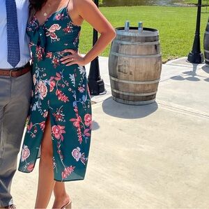 Teal Floral Tie-Front Midi Dress